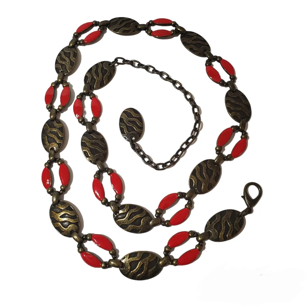 Vintage Women's Brass Red Enamel Link Chain Belt